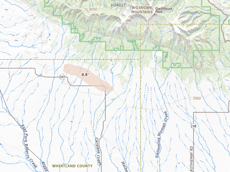 Radar-estimated hail-size map of the storm over Judith Gap, MT on Jun 25, 2026