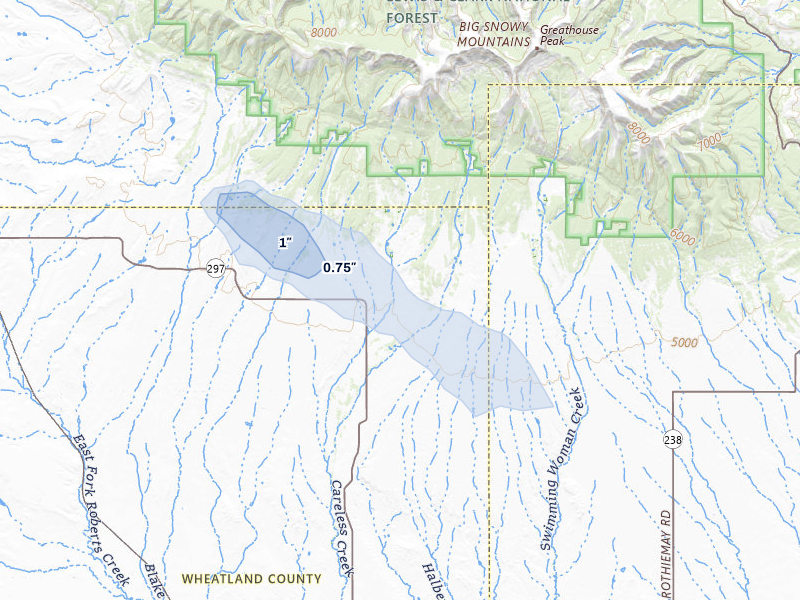 NEXRAD radar-signature map of the hail storm over Judith Gap, MT on Jun 25, 2026
