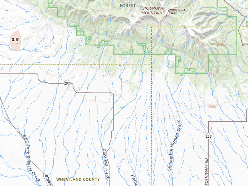 Radar-estimated hail-size map of the storm over Judith Gap, MT on Jul 1, 2026
