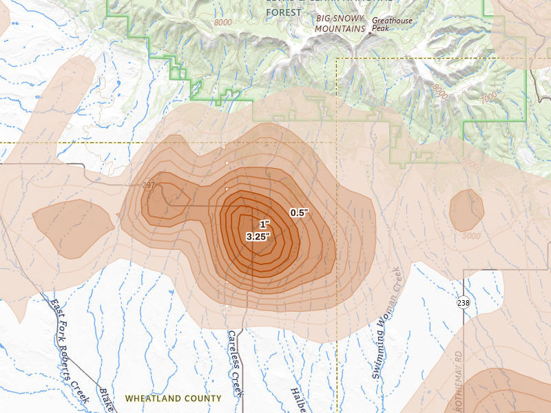 Radar-estimated hail-size map of the storm over Judith Gap, MT on Jul 14, 2026
