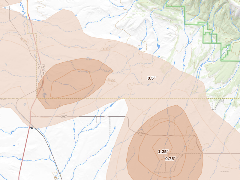 Radar-estimated hail-size map of the storm over Judith Gap, MT on Jul 16, 2026