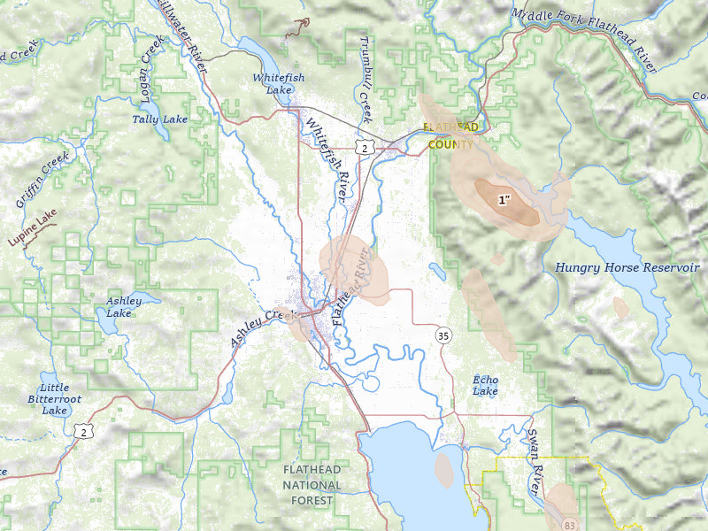 Radar-estimated hail-size map of the storm over Kalispell, MT on May 28, 2026