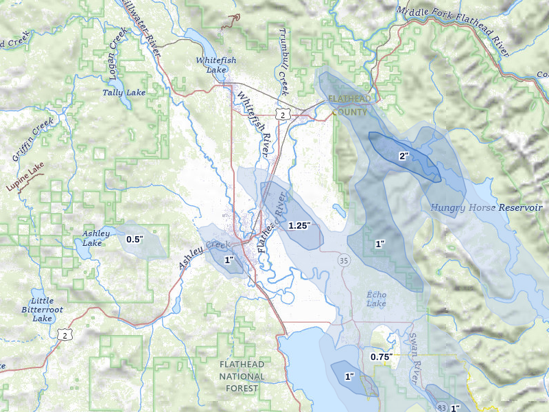 NEXRAD radar-signature map of the hail storm over Kalispell, MT on May 28, 2026