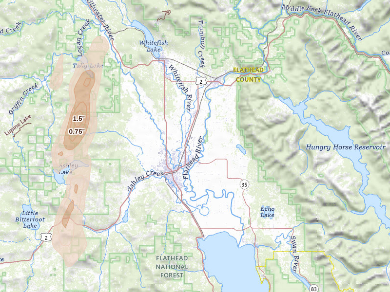 Radar-estimated hail-size map of the storm over Kalispell, MT on Jul 17, 2026