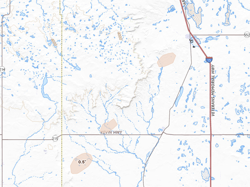 Radar-estimated hail-size map of the storm over Kevin, MT on Aug 27, 2026