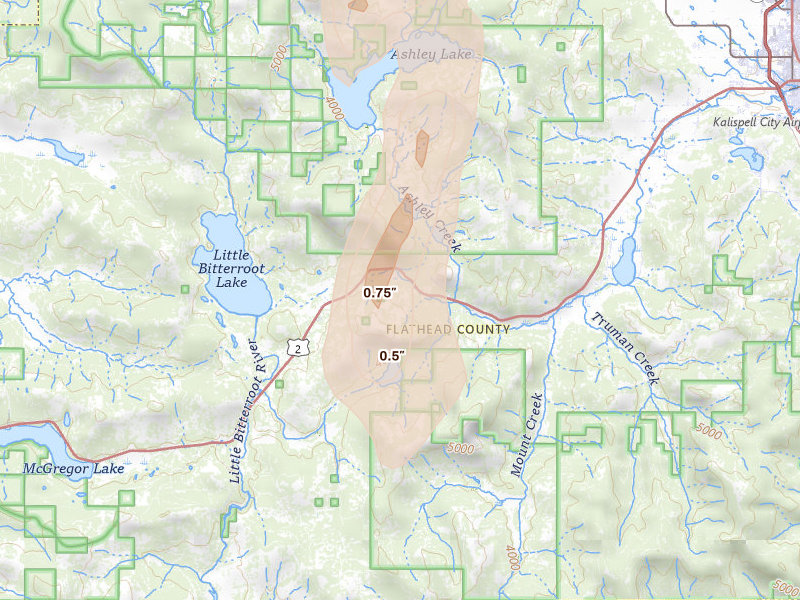Radar-estimated hail-size map of the storm over Kila, MT on Jul 17, 2026