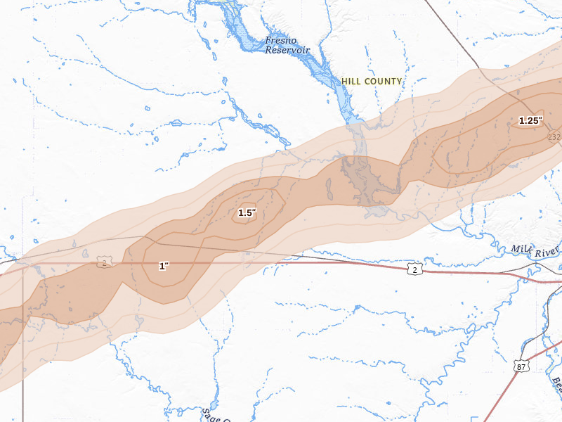 Radar-estimated hail-size map of the storm over Kremlin, MT on Aug 23, 2026