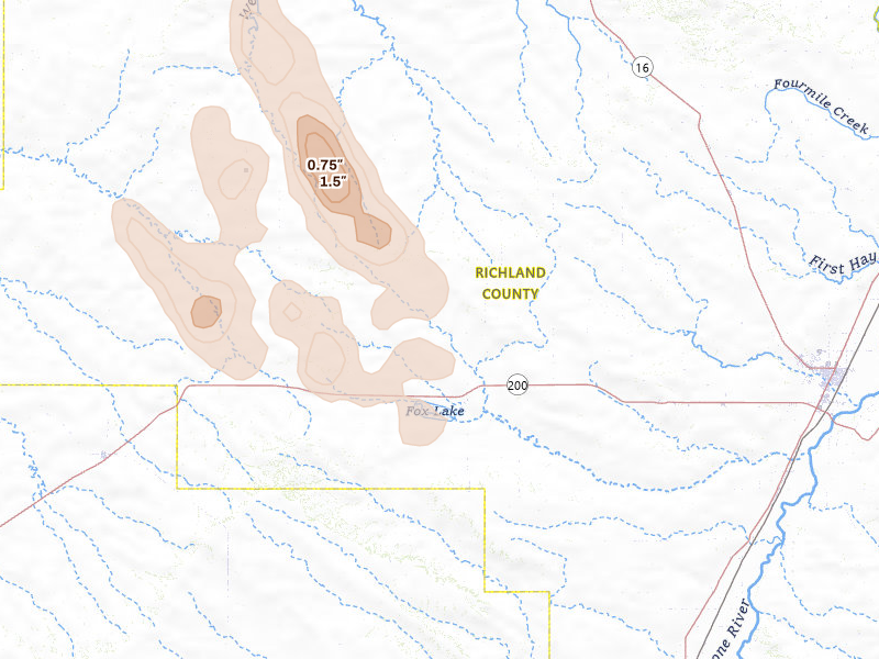 Radar-estimated hail-size map of the storm over Lambert, MT on May 26, 2026