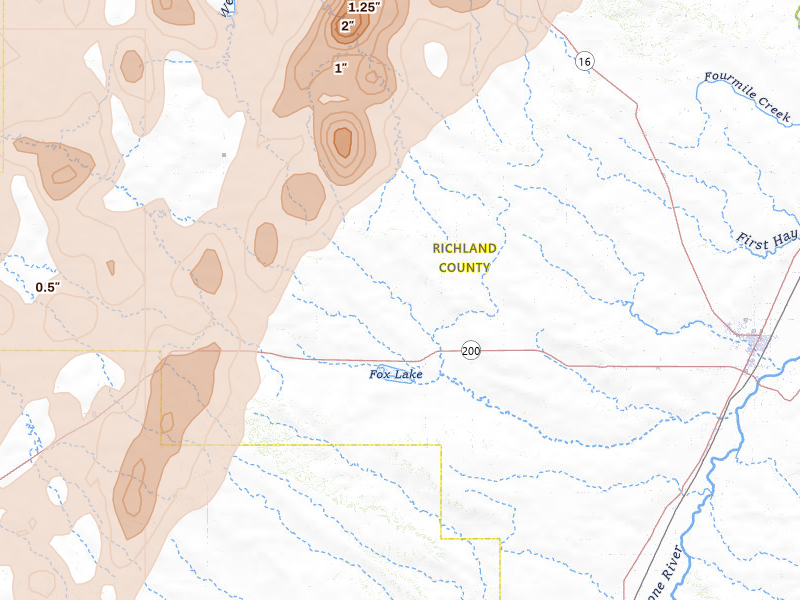 Radar-estimated hail-size map of the storm over Lambert, MT on Jun 6, 2026