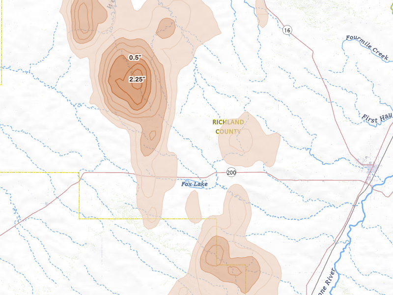Radar-estimated hail-size map of the storm over Lambert, MT on Jun 27, 2026