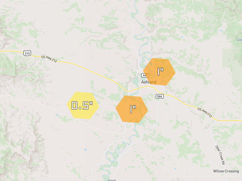 Hail map of Lame Deer, MT on Jun 4, 2026, hail up to 1"