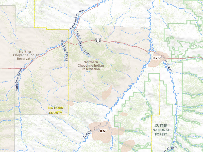 Radar-estimated hail-size map of the storm over Lame Deer, MT on Jul 3, 2026