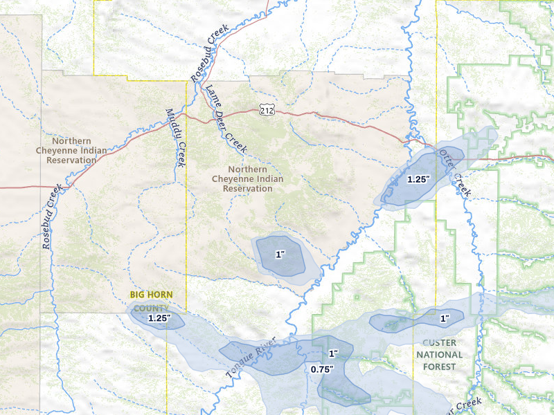NEXRAD radar-signature map of the hail storm over Lame Deer, MT on Jul 3, 2026