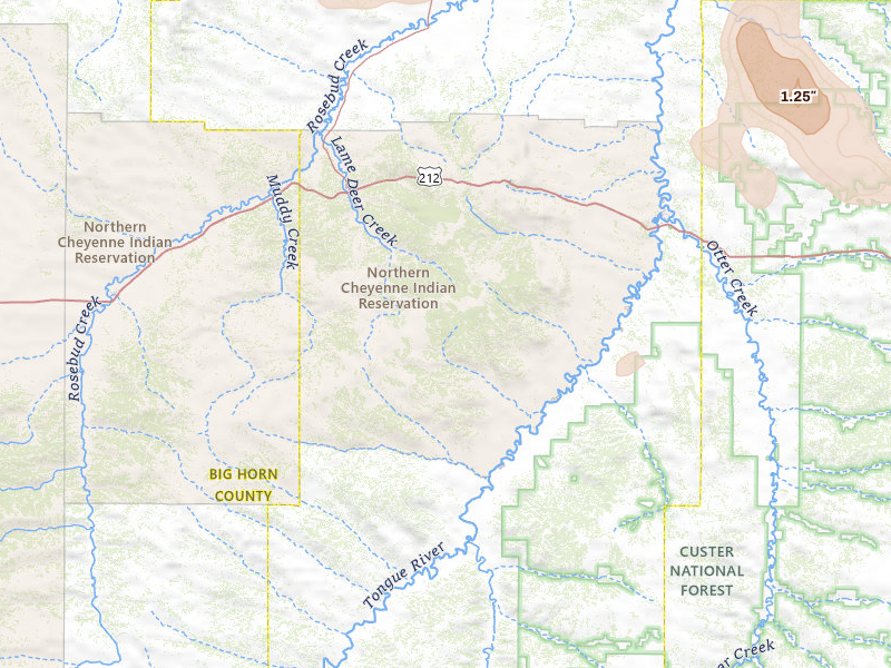 Radar-estimated hail-size map of the storm over Lame Deer, MT on Jul 8, 2026