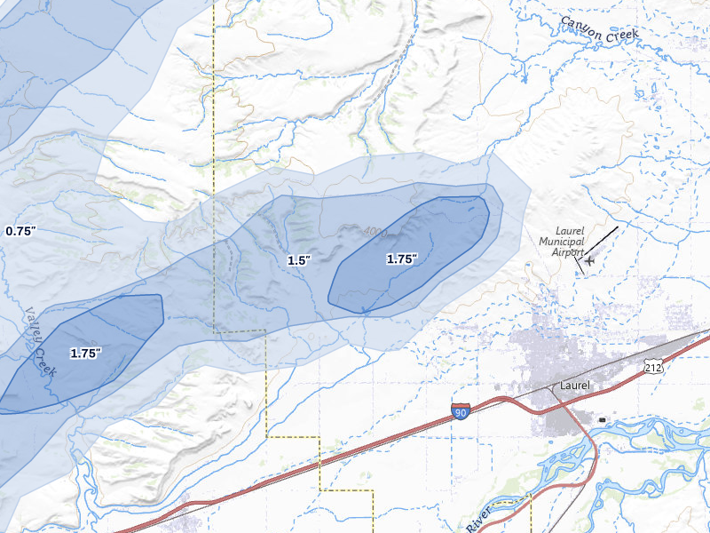 NEXRAD radar-signature map of the hail storm over Laurel, MT on Jun 27, 2026