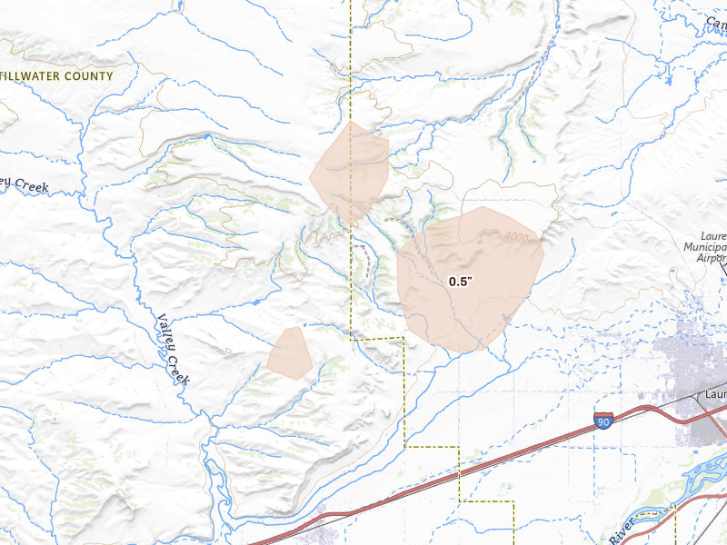 Radar-estimated hail-size map of the storm over Laurel, MT on Aug 23, 2026