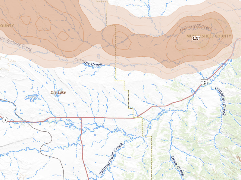 Radar-estimated hail-size map of the storm over Lavina, MT on Jul 14, 2026