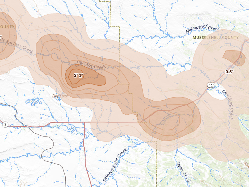 Radar-estimated hail-size map of the storm over Lavina, MT on Jul 16, 2026