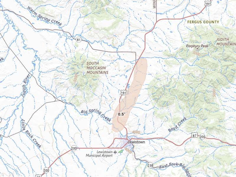 Radar-estimated hail-size map of the storm over Lewistown, MT on Jun 26, 2026