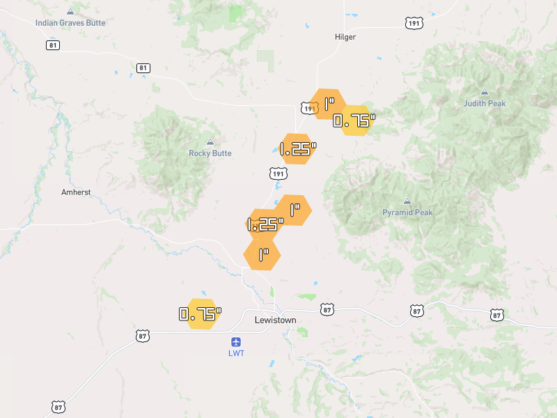 Hail map of Lewistown, MT on Jun 27, 2026, hail up to 1.25"