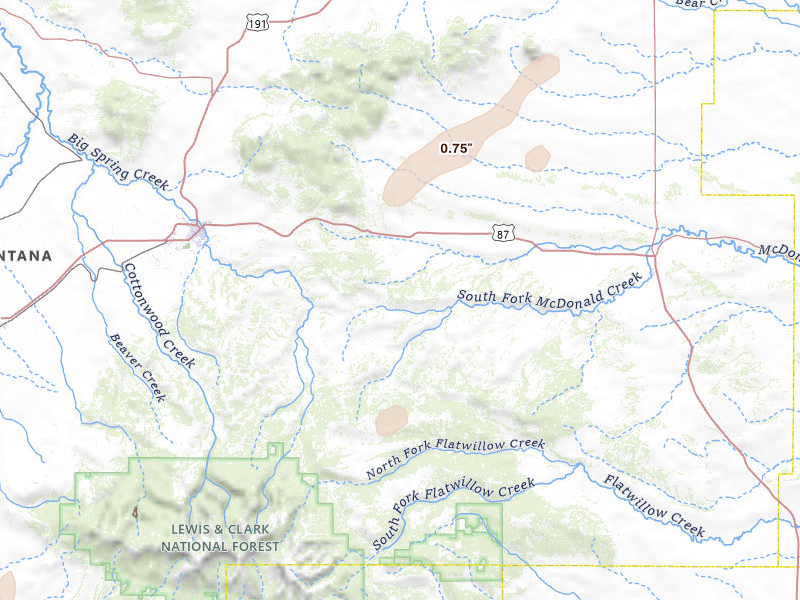 Radar-estimated hail-size map of the storm over Lewistown, MT on Jul 1, 2026