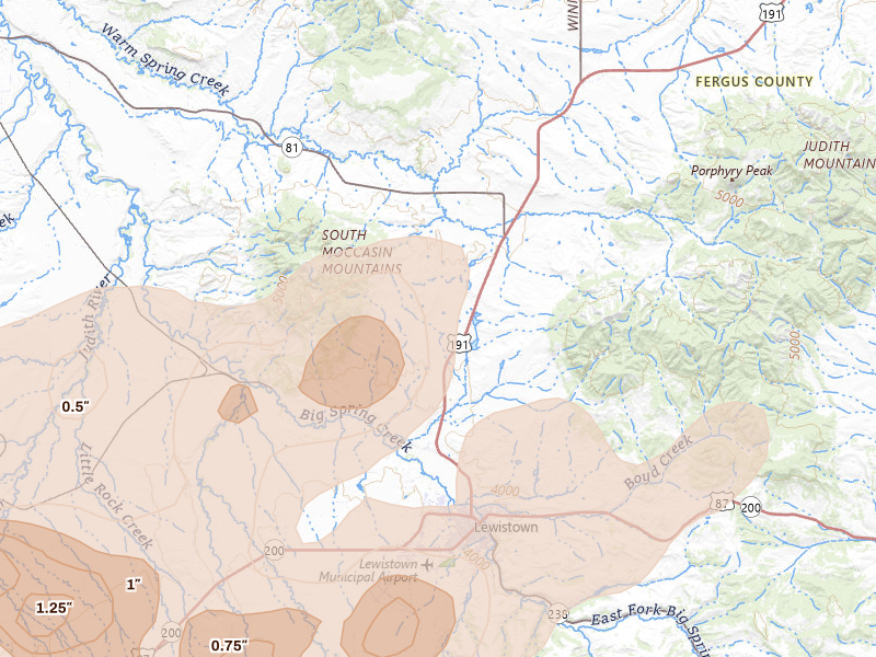Radar-estimated hail-size map of the storm over Lewistown, MT on Jul 14, 2026