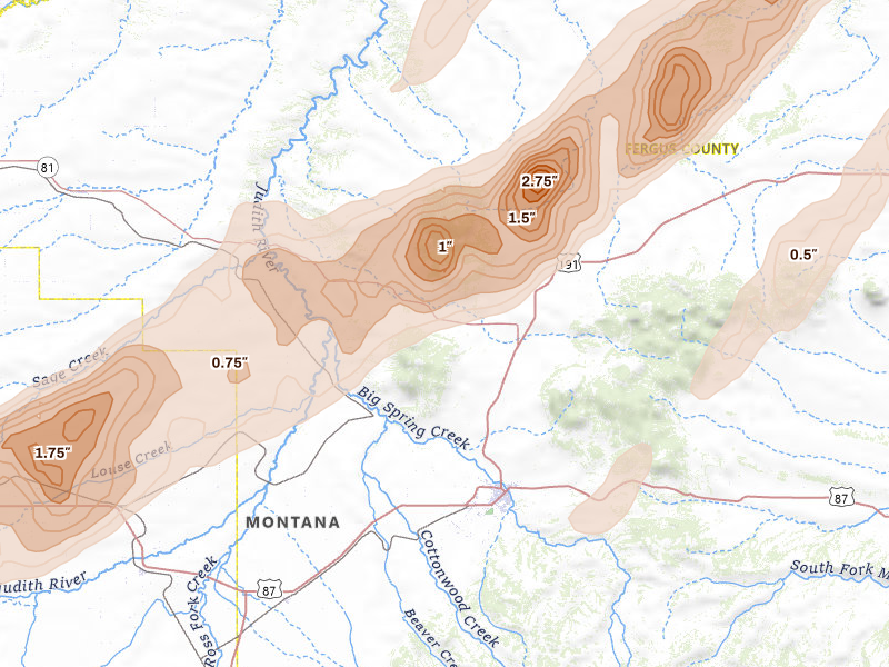 Radar-estimated hail-size map of the storm over Lewistown, MT