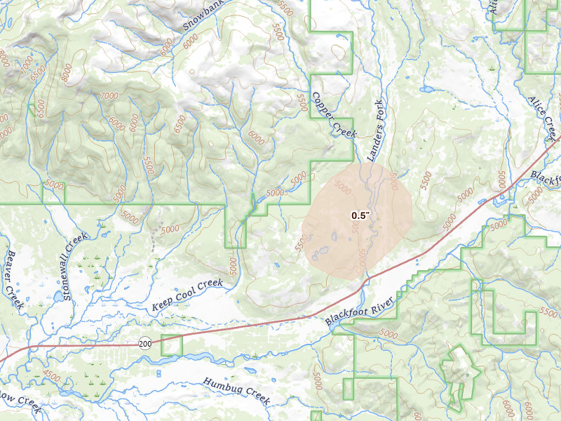 Radar-estimated hail-size map of the storm over Lincoln, MT on Jul 17, 2026