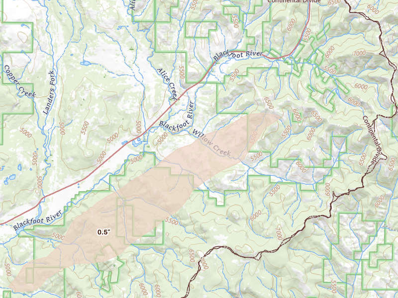 Radar-estimated hail-size map of the storm over Lincoln, MT on Aug 27, 2026