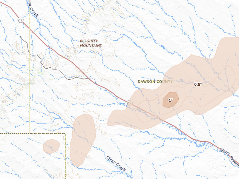 Radar-estimated hail-size map of the storm over Lindsay, MT on Jun 1, 2026