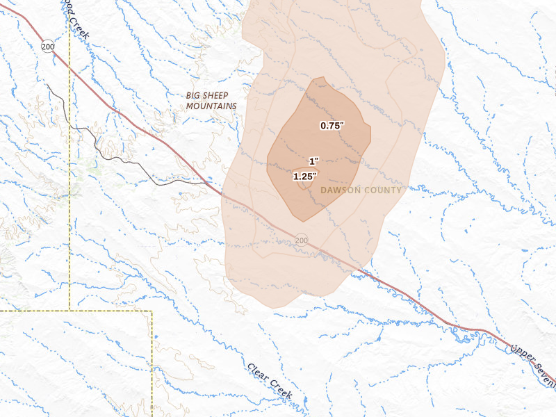 Radar-estimated hail-size map of the storm over Lindsay, MT on Jun 6, 2026