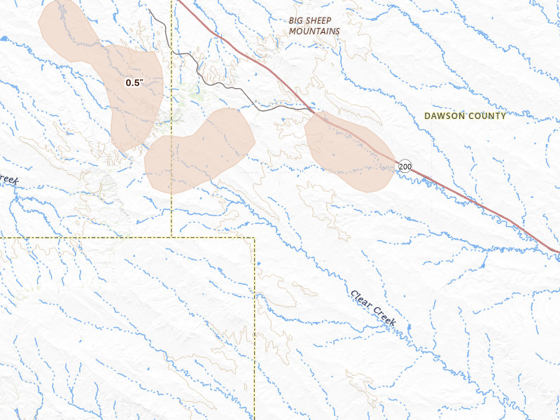 Radar-estimated hail-size map of the storm over Lindsay, MT on Aug 12, 2026