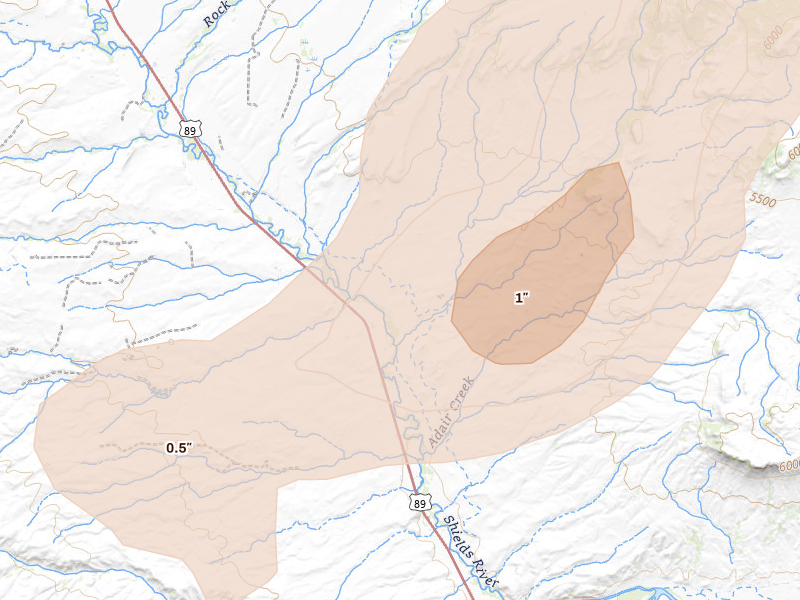 Radar-estimated hail-size map of the storm over Livingston, MT on Jul 25, 2026