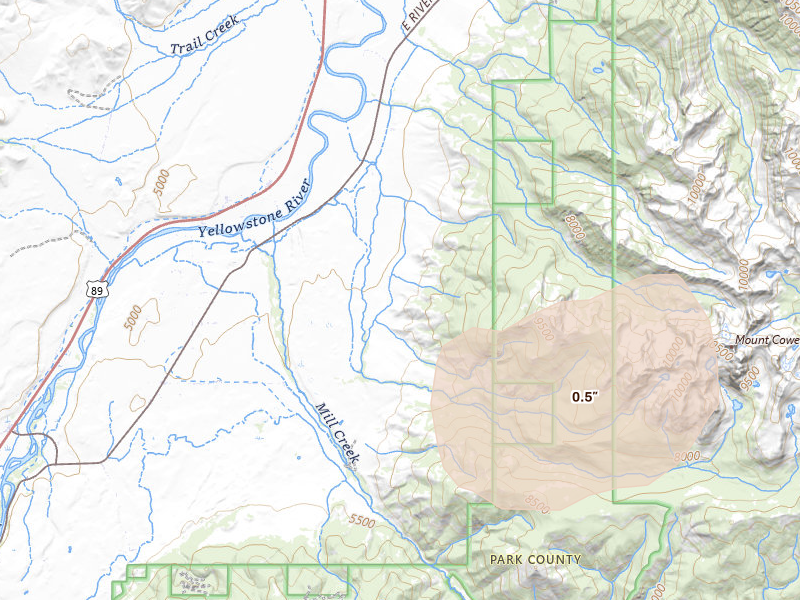 Radar-estimated hail-size map of the storm over Livingston, MT on Jul 26, 2026