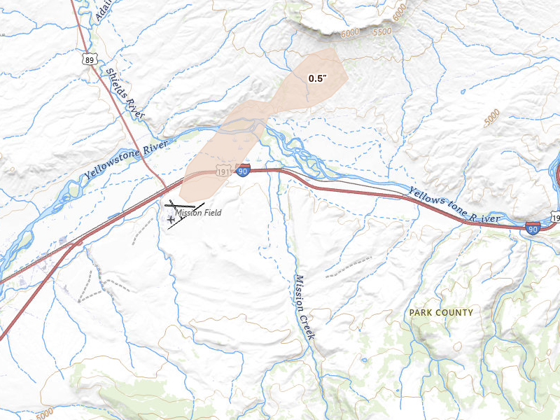 Radar-estimated hail-size map of the storm over Livingston, MT on Aug 12, 2026