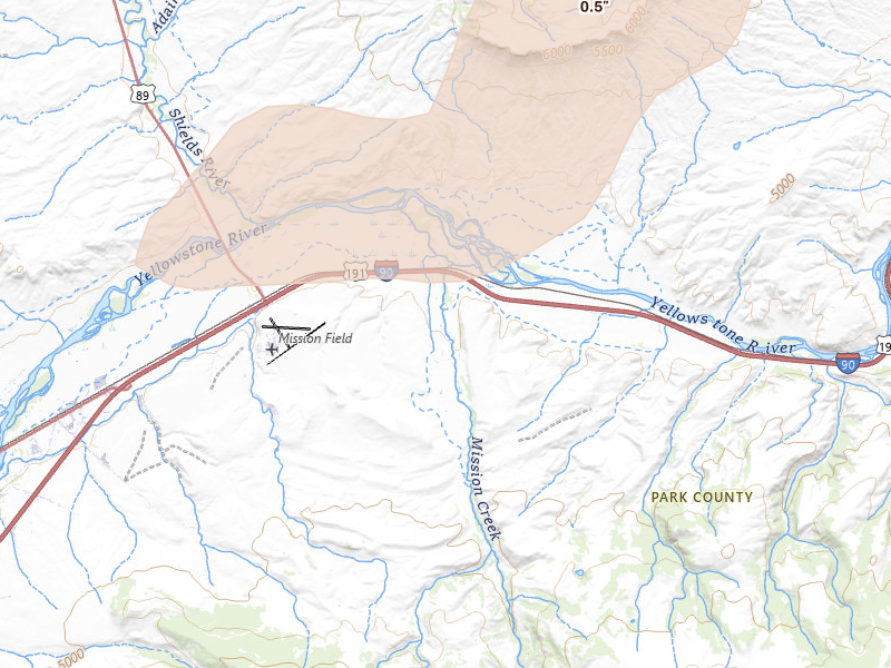 Radar-estimated hail-size map of the storm over Livingston, MT on Aug 23, 2026