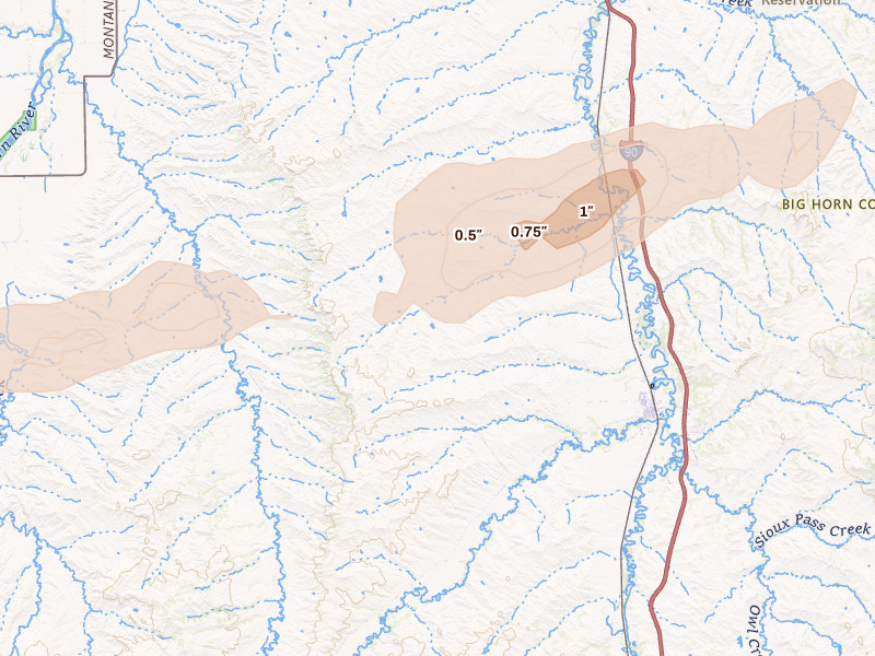 Radar-estimated hail-size map of the storm over Lodge Grass, MT on Jun 1, 2026