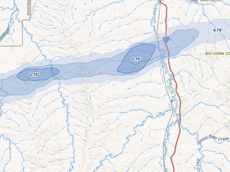NEXRAD radar-signature map of the hail storm over Lodge Grass, MT on Jun 1, 2026