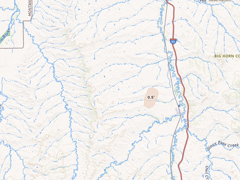 Radar-estimated hail-size map of the storm over Lodge Grass, MT on Jun 7, 2026