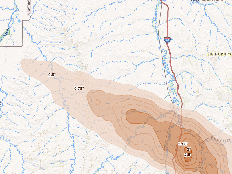 Radar-estimated hail-size map of the storm over Lodge Grass, MT on Jun 22, 2026