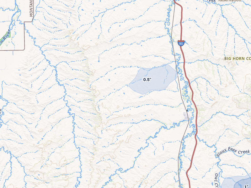 NEXRAD radar-signature map of the hail storm over Lodge Grass, MT on Jul 1, 2026