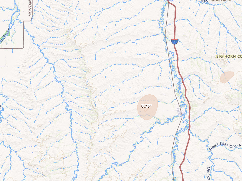 Radar-estimated hail-size map of the storm over Lodge Grass, MT on Jul 16, 2026
