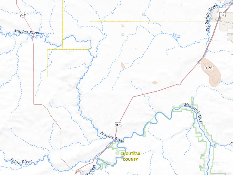 Radar-estimated hail-size map of the storm over Loma, MT on May 28, 2026