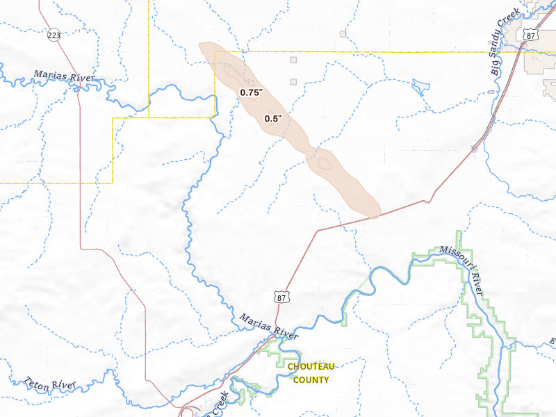 Radar-estimated hail-size map of the storm over Loma, MT on Jun 12, 2026