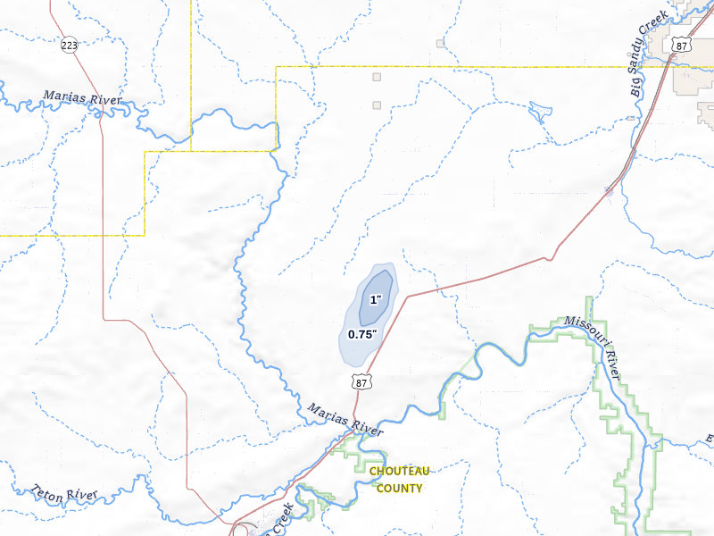 NEXRAD radar-signature map of the hail storm over Loma, MT on Jul 8, 2026