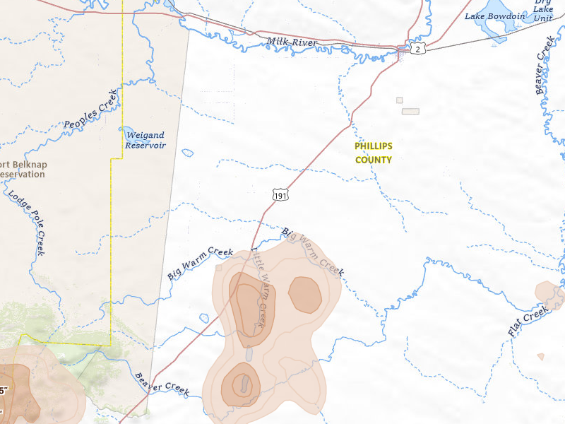 Radar-estimated hail-size map of the storm over Malta, MT on May 29, 2026
