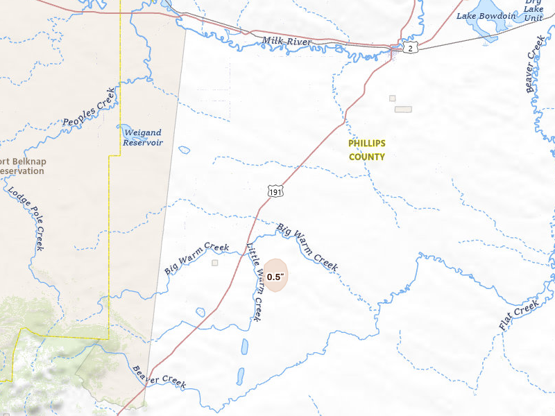 Radar-estimated hail-size map of the storm over Malta, MT on Jun 27, 2026