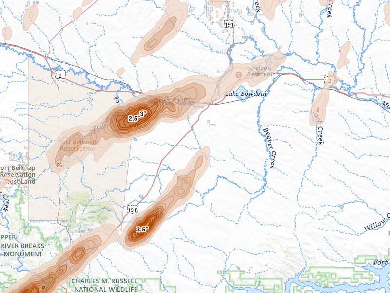 Radar-estimated hail-size map of the storm over Malta, MT
