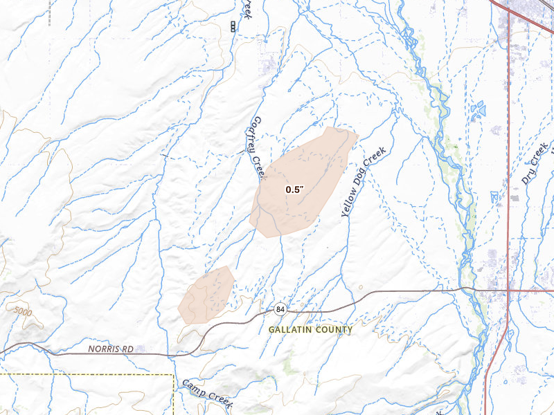 Radar-estimated hail-size map of the storm over Manhattan, MT on Jul 28, 2026