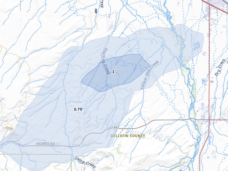 NEXRAD radar-signature map of the hail storm over Manhattan, MT on Jul 28, 2026